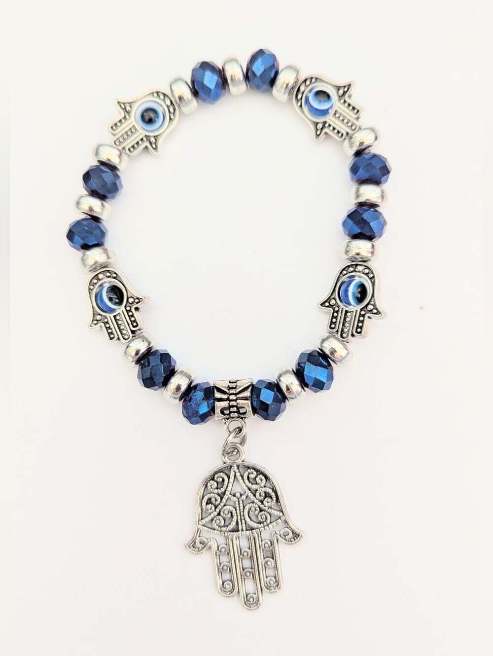NWOT Blue & Silver-Tone Evil Eye Stretch Beaded Bracelet w/Dangling Hamsa